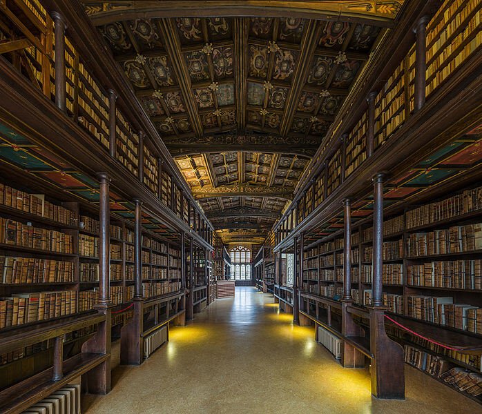 A suggestive photo of the Bodleian Library, with impressive ancient walls full of books